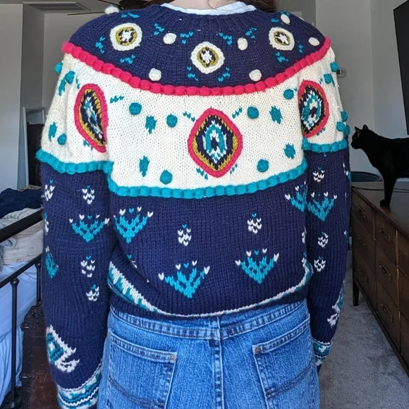‼️ SOLD Vintage Knit Pom Pom Cardigan Sweater - Picture 3 of 5